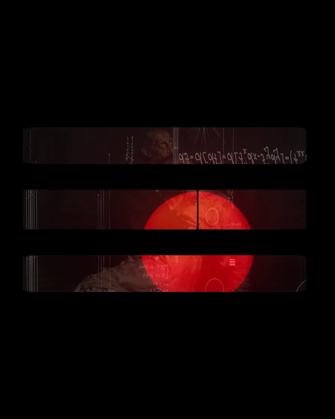 Red orb visualizer seen through horizontal frame bands
