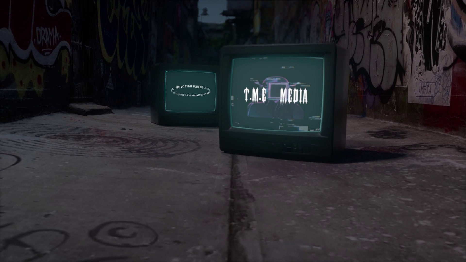 CRT monitors glowing in a graffiti-marked alley