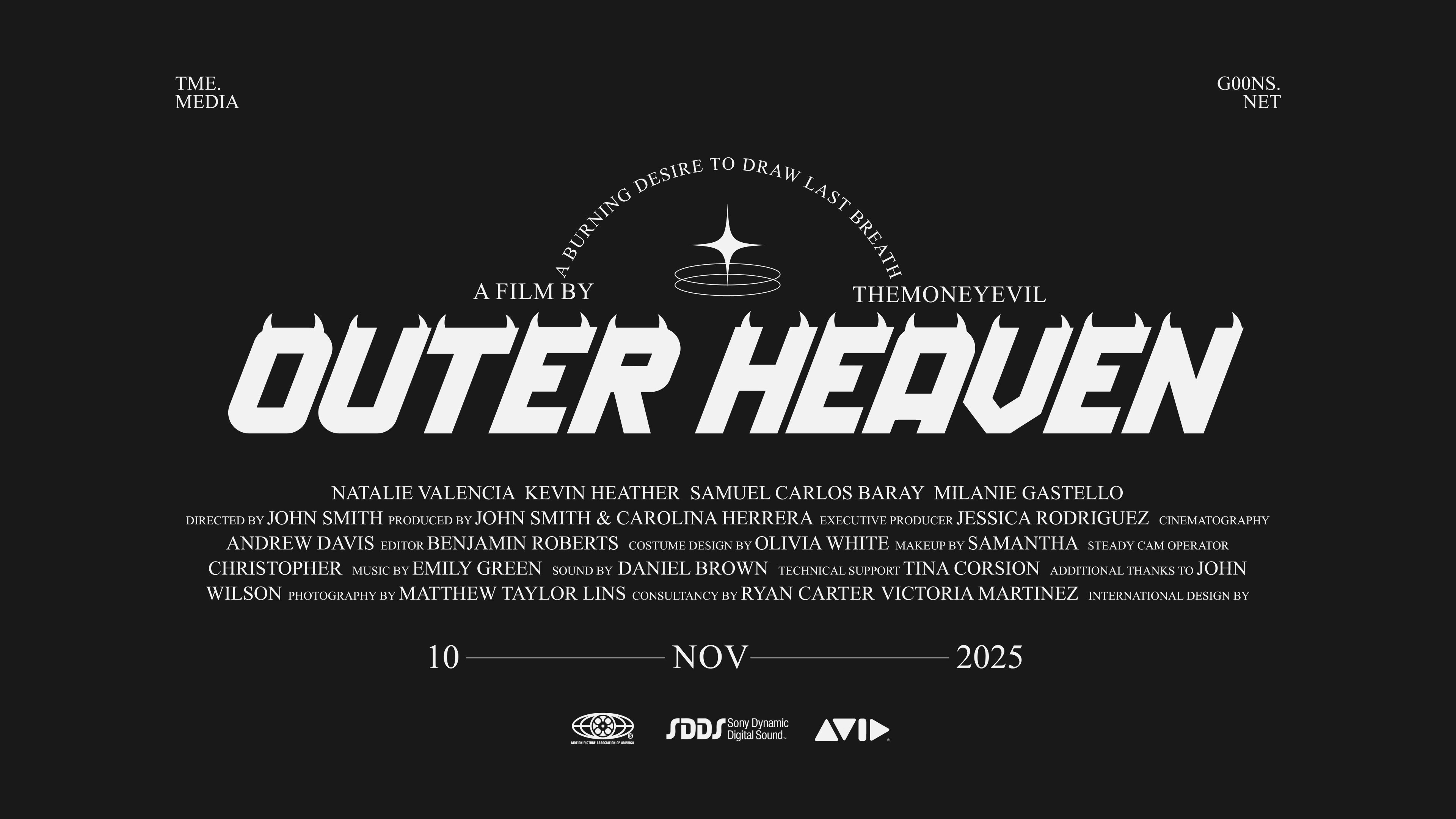 Outer Heaven title card in white type against a dark field